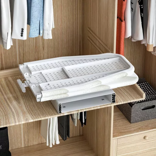 Ybaymy Masă de călcat pliabilă, rotativă 180°, extensibilă, cu sertar, pentru dulap, spălătorie, economie de spațiu, 95x30x9 cm