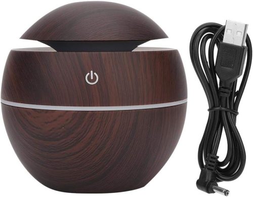 Akozon Gömb Alakú USB Párásító Diffúzor - Csendes Légtisztító Otthonra és Irodába - 130ml Tartály, Automata Kikapcsolás, Sötét Fa Mintázat