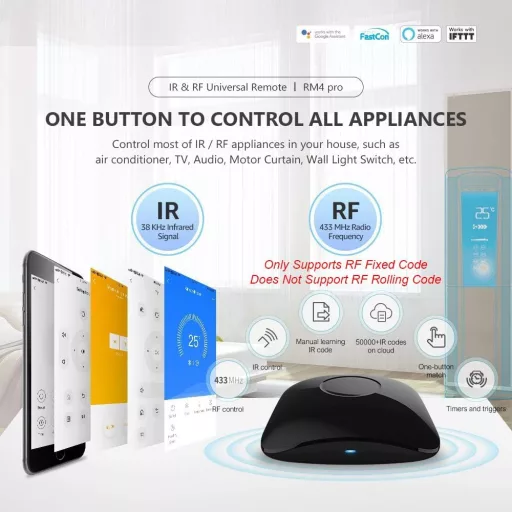 Broadlink RM4 Pro S Univerzális RF IR Távirányító Hub Hőmérséklet és Páratartalom Érzékelővel - Alexa, Google Home, IFTTT Kompatibilis Okoso