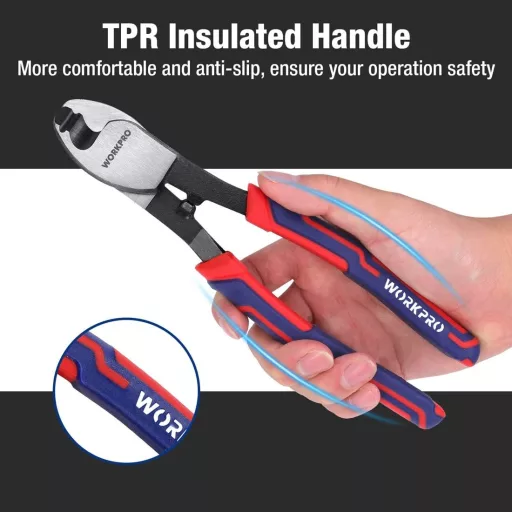 Clește de tăiat cabluri WORKPRO, 210 mm, pentru cabluri de aluminiu și cupru - Oțel crom-vanadiu, mâner moale, utilizare cu o singură mână, 330g