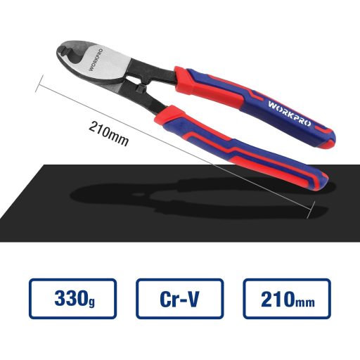 WORKPRO 210 mm-es Kábelvágó Alumínium és Réz Kábelekhez - Króm-Vanádium Acél, Puha Markolattal, Egykezes Használatra, 330g