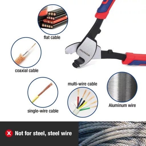 WORKPRO 210 mm Strihač káblov na hliníkové a medené káble - chróm-vanádiová oceľ, s mäkkou rukoväťou, pre jednoručné použitie, 330g