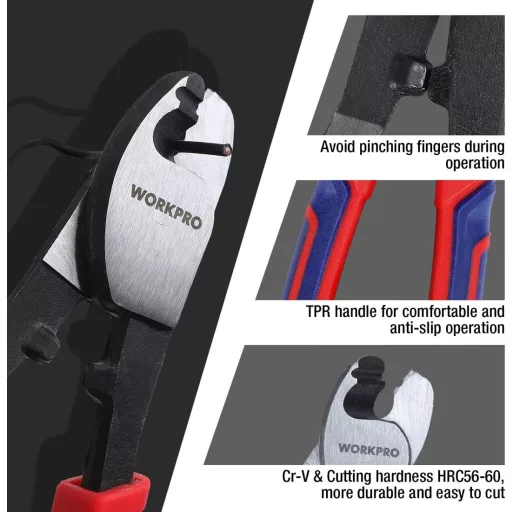 WORKPRO 210 mm Strihač káblov na hliníkové a medené káble - chróm-vanádiová oceľ, s mäkkou rukoväťou, pre jednoručné použitie, 330g