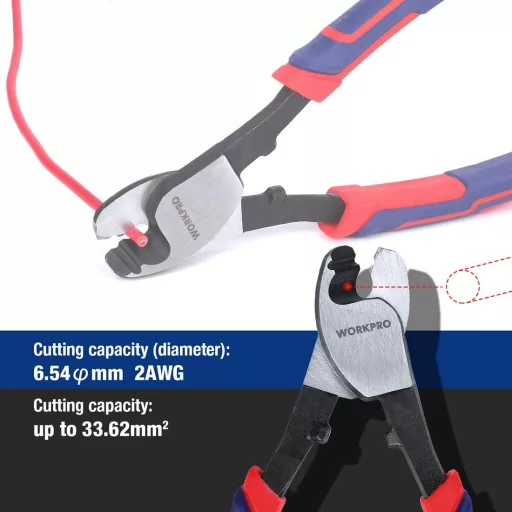 Clește de tăiat cabluri WORKPRO, 210 mm, pentru cabluri de aluminiu și cupru - Oțel crom-vanadiu, mâner moale, utilizare cu o singură mână, 330g