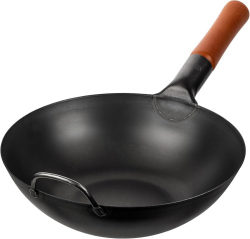 Tigaie Wok din oțel carbon YOSUKATA, 30 cm - Pre-sezonată, cu fund plat, pentru plite cu inducție, gaz, electrice și grătar - Autentic Asia
