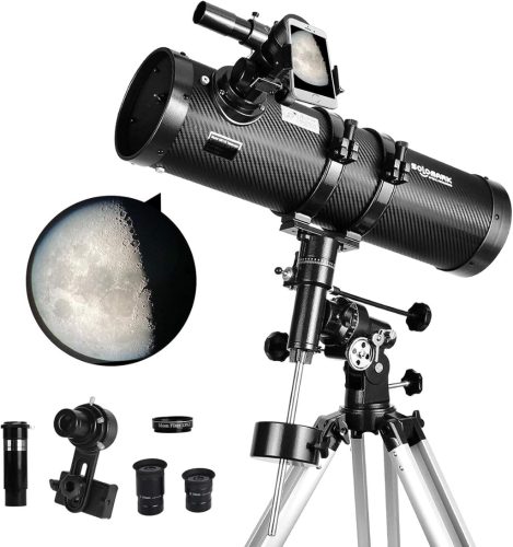 SOLOMARK 130mm Newtonian Teleszkóp Német Ekvatoriális Állvánnyal - 650mm Fókusztávolság, Mobiladapterrel, Barlow Lencsével, Csillagászati Me