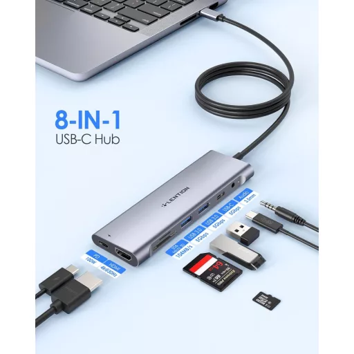 LENTION USB C Hub s 1m káblom - 4K HDMI, USB 3.0, USB-C, čítačka SD/Micro SD kariet, AUX, 60W Nabíjačka - MacBook Pro/Air, Surface, Chromebook Kom