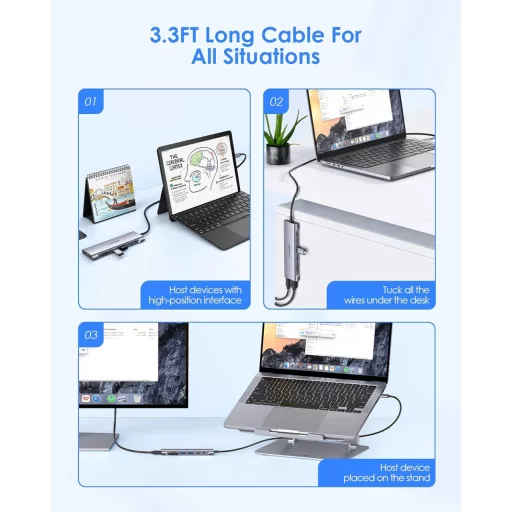 LENTION USB C Hub s 1m káblom - 4K HDMI, USB 3.0, USB-C, čítačka SD/Micro SD kariet, AUX, 60W Nabíjačka - MacBook Pro/Air, Surface, Chromebook Kom