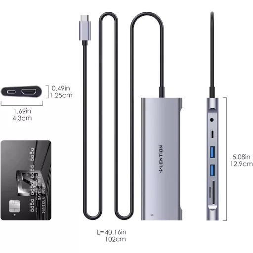 LENTION USB C Hub s 1m káblom - 4K HDMI, USB 3.0, USB-C, čítačka SD/Micro SD kariet, AUX, 60W Nabíjačka - MacBook Pro/Air, Surface, Chromebook Kom