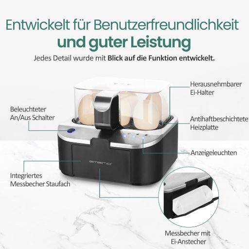 EMERIO Tojásfőző beszéd funkcióval, puha-közepes-kemény főzés egy folyamatban, német hangkimenet, BPA-mentes