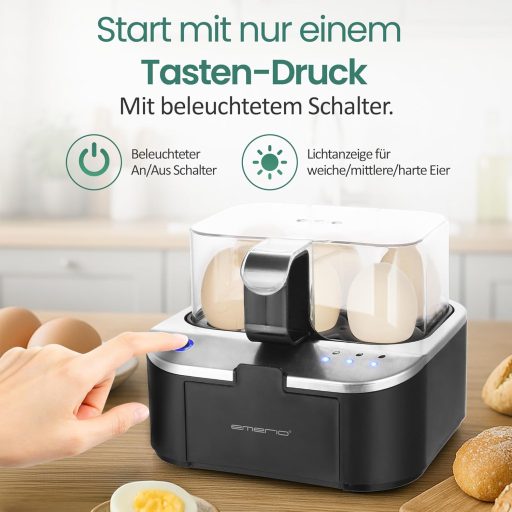 EMERIO Tojásfőző beszéd funkcióval, puha-közepes-kemény főzés egy folyamatban, német hangkimenet, BPA-mentes