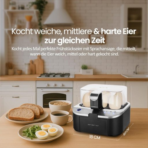 EMERIO Tojásfőző beszéd funkcióval, puha-közepes-kemény főzés egy folyamatban, német hangkimenet, BPA-mentes