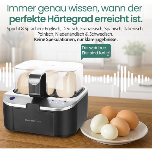 EMERIO Tojásfőző beszéd funkcióval, puha-közepes-kemény főzés egy folyamatban, német hangkimenet, BPA-mentes