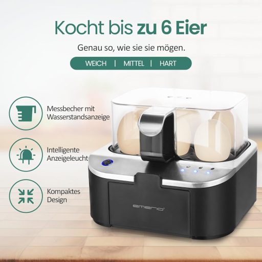 EMERIO Tojásfőző beszéd funkcióval, puha-közepes-kemény főzés egy folyamatban, német hangkimenet, BPA-mentes
