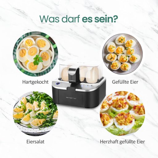EMERIO Tojásfőző beszéd funkcióval, puha-közepes-kemény főzés egy folyamatban, német hangkimenet, BPA-mentes