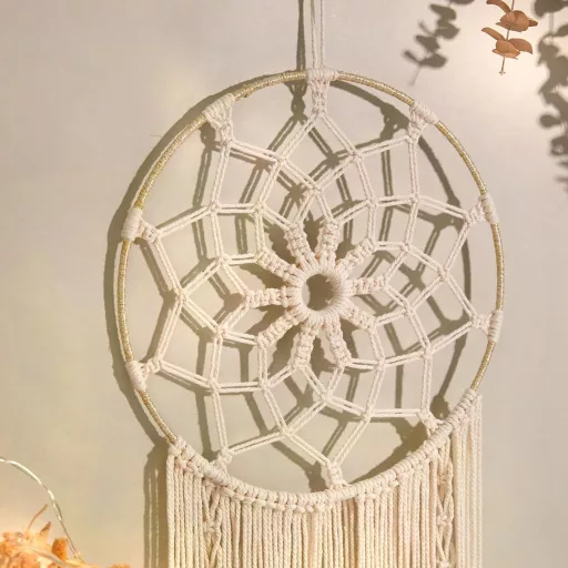 Nice Dream Makrame Hvatač Snova - Veliki Boho Zidni Ukras s Resicama, Ručno Rađena Dekoracija s Perjem za Dom, Spavaću Sobu, 80 cm