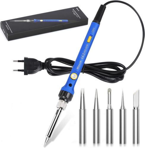 Set pistol de lipit Wiecok 60W cu temperatură reglabilă 220-480°C, buton On/Off, 5 vârfuri interschimbabile, pentru reparații electronice