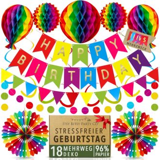   Itsy Bitsy Party Co Szivárványos Születésnapi Dekoráció Szett - Újrahasználható Papír Füzér, Méhsejt Gömbök, 18 Darabos Parti Díszítés