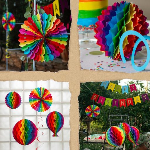 Itsy Bitsy Party Co Set dekoracija za rođendan u duginim bojama - Papirnati lančić za višekratnu upotrebu, kugle saća, set ukrasa za zabavu od 18 komada