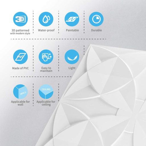 Art3d stropne ploče s bijelim cvjetnim uzorkom 61x61 cm - PVC dekorativni paneli za strop, jednostavna ugradnja, 12 komada u pakiranju