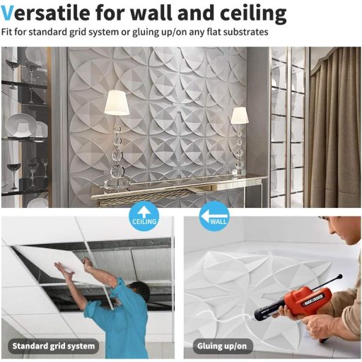 Art3d Fehér Virágmintás Mennyezeti Burkolólap 61x61 cm - PVC Dekorációs Panel Mennyezetre, Könnyű Felszerelés, 12 db Csomag