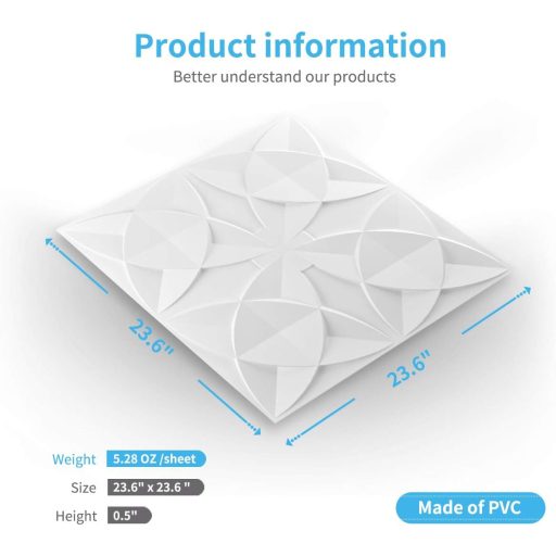 Art3d Fehér Virágmintás Mennyezeti Burkolólap 61x61 cm - PVC Dekorációs Panel Mennyezetre, Könnyű Felszerelés, 12 db Csomag