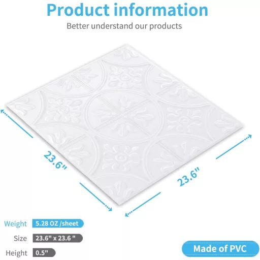 Art3d 3D stropni paneli - Paket od 12 klasičnih bijelih zidnih obloga, 60 x 60 cm, 4.5m² Samoljepljiva PVC dekoracija