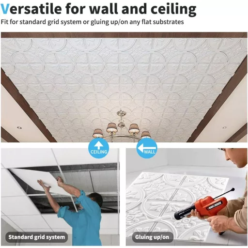 Art3d 3D stropni paneli - Paket od 12 klasičnih bijelih zidnih obloga, 60 x 60 cm, 4.5m² Samoljepljiva PVC dekoracija