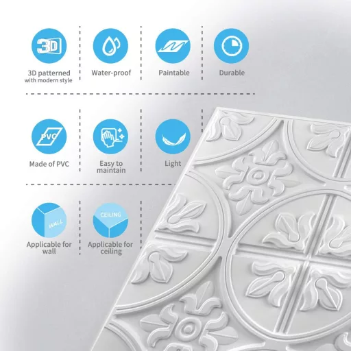 Art3d 3D stropni paneli - Paket od 12 klasičnih bijelih zidnih obloga, 60 x 60 cm, 4.5m² Samoljepljiva PVC dekoracija