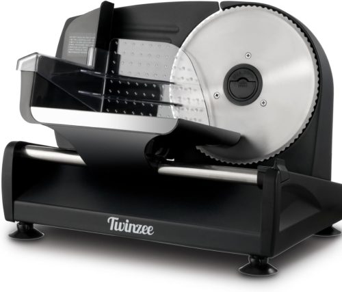 Twinzee Elektromos Szeletelőgép - Állítható Vastagságú (0-15mm) Rozsdamentes Acél Kenyér, Hús és Sajt Vágó 2 Cserélhető Pengével, 150W, Feke