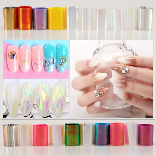 MWOOT 20 Role Folie Oglindă Efect Sticlă Spartă pentru Unghii - Set Autocolante Holografice Sclipitoare pentru Unghii, Manichiură Artificială (2,5 cm x 50 cm)