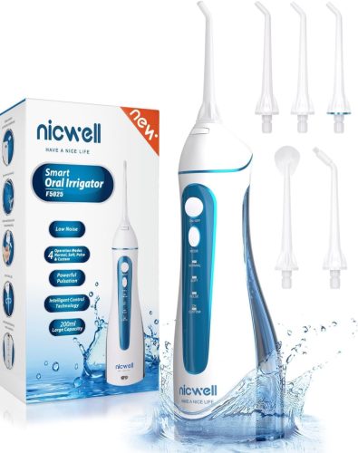 Nicwell Elektromos Szájzuhany IPX7 Vízálló Fogköztisztító - 5 Fej, 4 Üzemmód, USB Tölthető, Kék Fogápolási Készülék Utazáshoz
