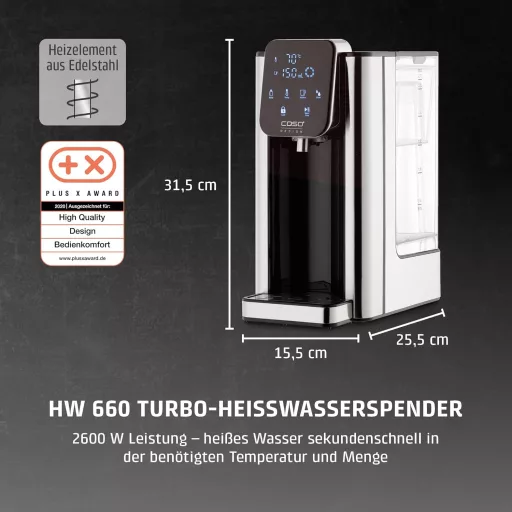 CASO HW660 Turbo Forró Vízadagoló 2600W, 40-100°C, Energiatakarékos Rozsdamentes Acél