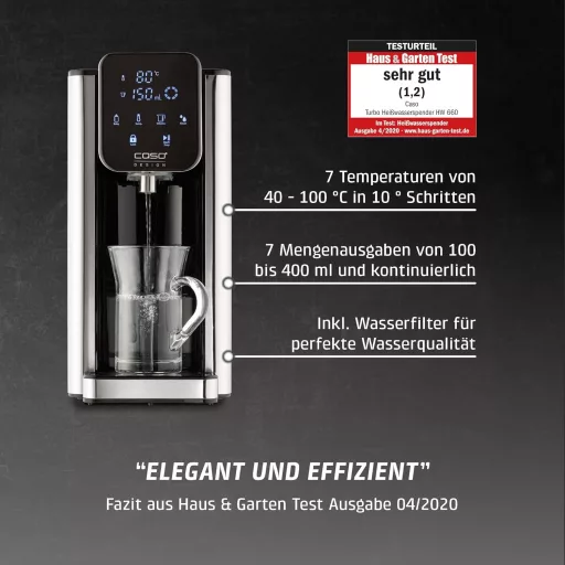 CASO HW660 Turbo Forró Vízadagoló 2600W, 40-100°C, Energiatakarékos Rozsdamentes Acél
