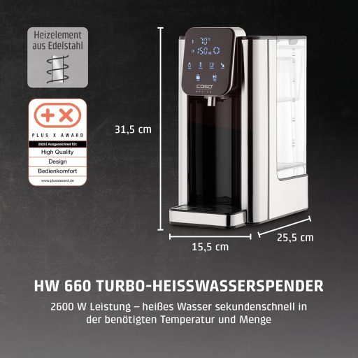 CASO HW660 Turbo Forró Vízadagoló 2600W, 40-100°C, Energiatakarékos Rozsdamentes Acél