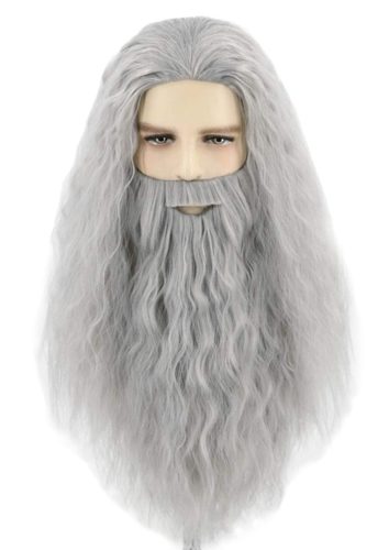 Topcosplay Varázsló Paróka és Szakáll Szett - Szürke/Fehér Hőálló Műhaj Gandalf Jelmez Farsangra, Halloweenre - Állítható Méret 54-60 cm