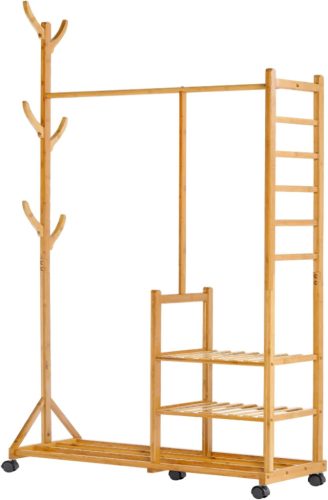 Yorbay Bamboo Fa Alakú Gurulós Ruhaállvány - 100x38x176 cm Természetes Bambuszból, 3 Polccal, 6 Akasztóval és Ruhatartó Rúddal
