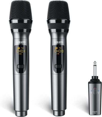 Set microfoane wireless LEKATO K380S - Microfoane metalice de mână cu autonomie de 30 de ore, reîncărcabile, pentru karaoke, DJ, evenimente