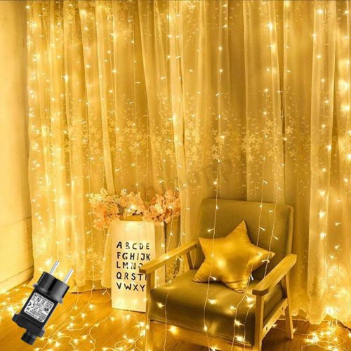 GlobaLink LED svetelný záves s 300 LED, 8 režimami svietenia, pre vnútorné/vonkajšie použitie – Teplá biela farba na svadbu, párty, do záhrady, do izby