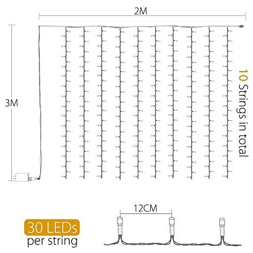 Cortină luminoasă cu LED-uri GlobaLink, 300 LED-uri, 8 moduri de iluminare, pentru interior/exterior - Lumină albă caldă pentru nuntă, petrecere, grădină, cameră