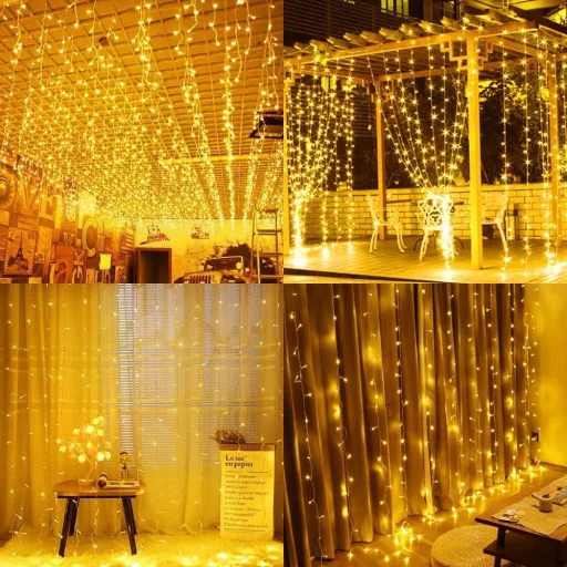 Cortină luminoasă cu LED-uri GlobaLink, 300 LED-uri, 8 moduri de iluminare, pentru interior/exterior - Lumină albă caldă pentru nuntă, petrecere, grădină, cameră