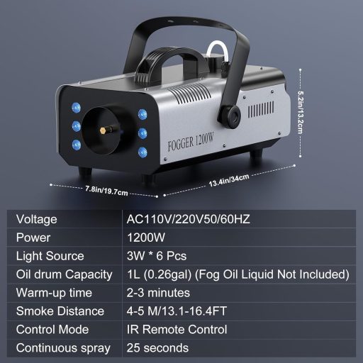 Mașină de fum UKing 1200W RGB cu telecomandă, 6 lumini LED colorate și rezervor de 1L pentru nuntă, petrecere, teatru, club, eveniment