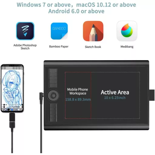 Tabletă Grafică GAOMON M10K - Suprafață de Desen 10x6,25", 8192 Nivele de Sensibilitate la Presiune, Stylus Fără Baterie, Compatibilă Windows/Mac/Android
