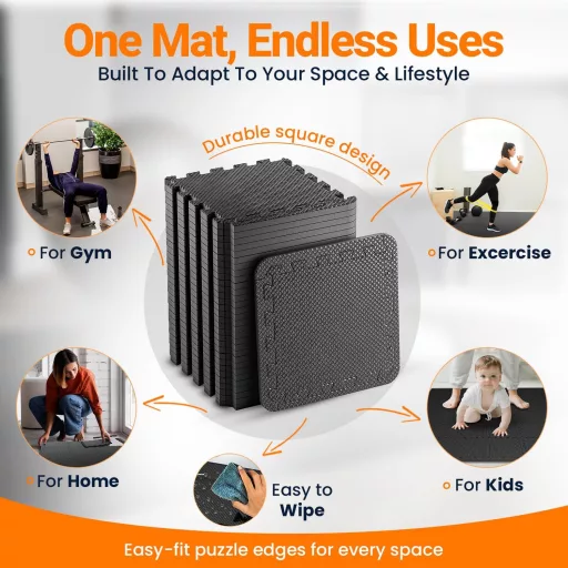 edukit Set de 24 de plăci protectoare de podea negre - 30,5x30,5 cm, covoraș puzzle EVA, covor sport termoizolant pentru sală de fitness, garaj, camping