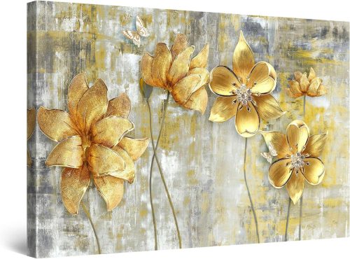 Made in Transylvania Zlaté Kvety Grunge Plátno - Moderná Abstraktná Nástenná Dekorácia 60x90 cm - S Efektom Denného a Nočného Svetla - Do Spálne