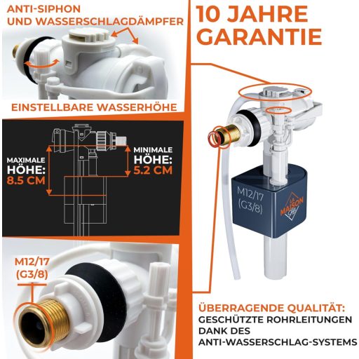 LA MAISON SAB Úszószelep - WC Tartály Töltőszelep, Vízszintes Beépítés, Víztakarékos, Fehér, CE Tanúsított, Egyszerű Összeszerelés, 21 Bar