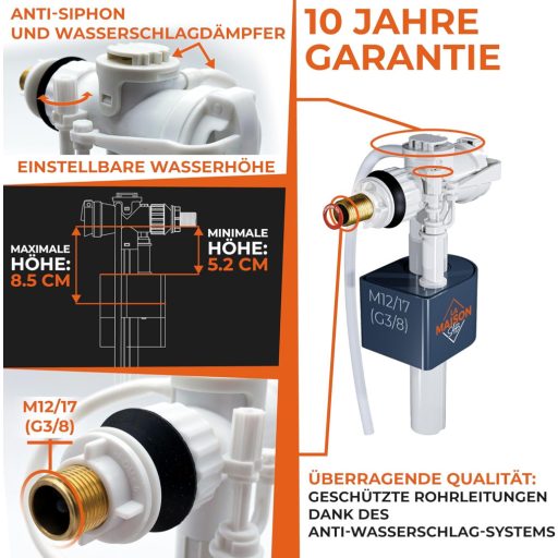 LA MAISON SAB Plovak - Ventil za punjenje vodokotlića, Horizontalna ugradnja, Štedljiv, Bijeli, CE certifikat, Jednostavna montaža, 21 Bar