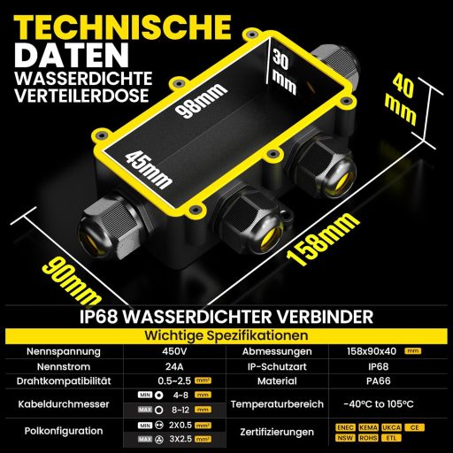PEBA IP68 Vízálló Elosztódoboz Kábel Csatlakozó 4-12mm Kültéri Fekete