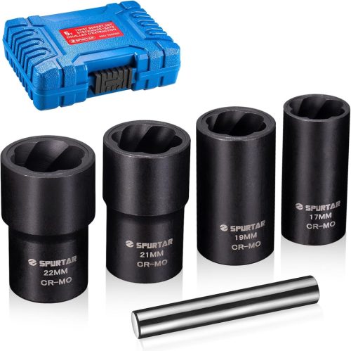 Set de chei tubulare Spurtar, 5 piese, pentru șuruburi deteriorate, ruginite - extractor special de șuruburi, dimensiuni 17, 19, 21, 22 mm