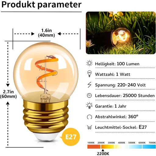 Hcnew G40 E27 LED Edison žiarovka teplá biela 2200K dekoratívna 2ks